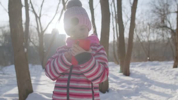 Παιδί κορίτσι κουβέντα με τους φίλους και την οικογένεια στο κινητό τηλέφωνο, εξ αποστάσεως επικοινωνία στο πάρκο το χειμώνα — Αρχείο Βίντεο