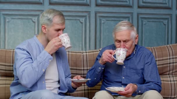 Diferentes generaciones masculinas familia de padre mayor e hijo adulto o nieto relajante, beber té — Vídeos de Stock