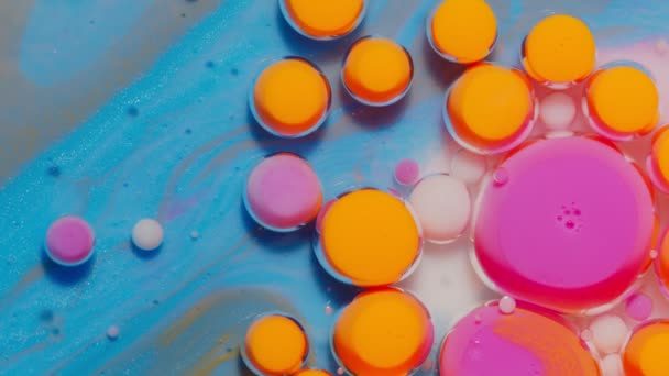 Bright neon berwarna-warni gelembung minyak dan tinta, cat akrilik bergerak close-up, latar belakang kertas dinding — Stok Video