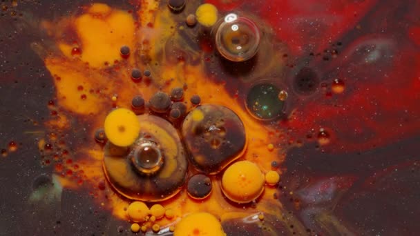 Inktbubbels gemengd met vloeibare stof van olie, melk, zeep, heldere acrylverf op kleurrijk oppervlak — Stockvideo