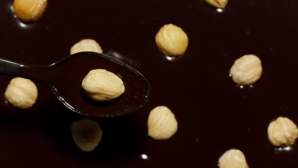 Erimiş siyah çikolata ve fındıklar dönüşümlü, fındıklı tatlı tatlılar yapma süreci. — Stok video