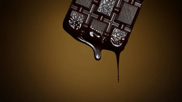 Chocolate bar with melted chocolate syrup dripping flowing over dark brown background, confectionery