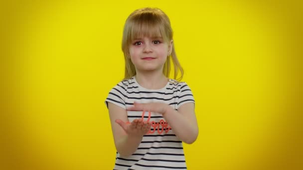 Dissatisfied blonde child girl expressing disbelief irritation, feeling bored disappointed in result — Stock Video