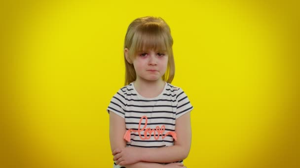 Upset disappointed kid child girl with tears on eyes cries from despair sad because of unfair things — Stock Video