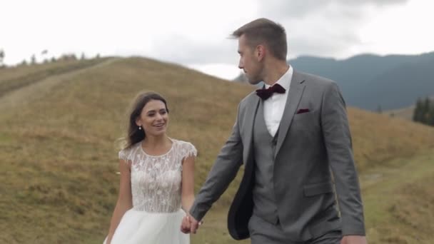 Jolies jeunes mariés mariés marié marchant sur la pente de la montagne, se tenant la main, couple de mariage famille — Video