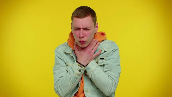 Unhealthy man coughing covering mouth with hand, feeling sick, allergy or viral infection symptoms — Stock Photo, Image