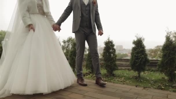 Schöne Brautpaar kaukasischen Bräutigam zu Fuß in Park, Händchen halten, Hochzeitspaar Familie — Stockvideo