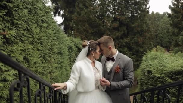 Pengantin baru, pengantin pria kaukasia dengan pengantin wanita tinggal di tangga di taman, pasangan suami-istri, pria dan wanita jatuh cinta — Stok Video
