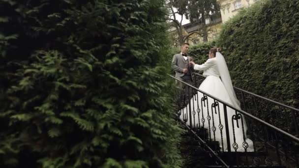 Recién casados, novio caucásico con novia se quedan en las escaleras en el parque, pareja de boda, hombre y mujer enamorados — Vídeos de Stock