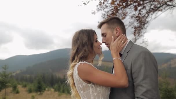 Bella giovane sposi sposo che si abbracciano sul pendio della montagna, tenendosi per mano, matrimonio coppia famiglia — Video Stock