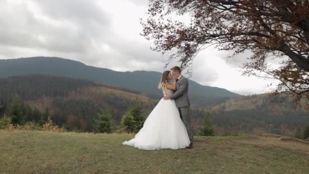 Όμορφη νύφη νεόνυμφοι γαμπρός αγκαλιάζει στην πλαγιά του βουνού, κρατώντας τα χέρια, γάμο ζευγάρι οικογένεια — Αρχείο Βίντεο