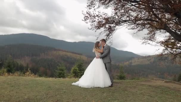 Bella giovane sposi sposo che si abbracciano sul pendio della montagna, tenendosi per mano, matrimonio coppia famiglia — Video Stock