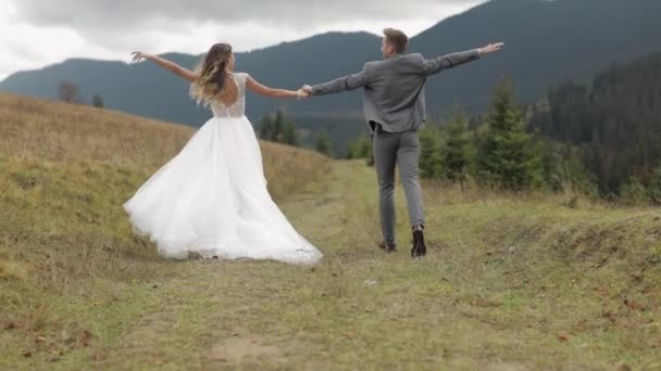 Jolies jeunes mariés mariés mariés marié en cours d'exécution sur la pente de la montagne, tenant la main, couple de mariage famille — Video