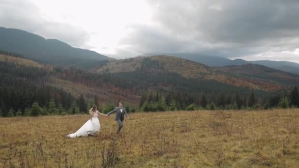 Precioso joven recién casados novio novia corriendo en la ladera de la montaña, cogidos de la mano, boda pareja familia — Vídeo de stock