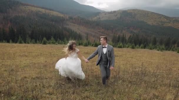 Όμορφη νεαρή νιόπαντροι γαμπρός νύφη τρέχει στην πλαγιά του βουνού, κρατώντας τα χέρια, γάμο ζευγάρι οικογένεια — Αρχείο Βίντεο