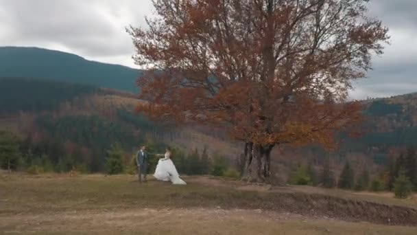 Precioso recién casados novia novio bailando en la ladera de otoño de montaña, boda pareja familia, vista aérea — Vídeos de Stock