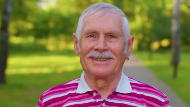 Heerlijk vrolijke senior oude grijs-harige grootvader in casual rood t-shirt op zomer park achtergrond — Stockvideo