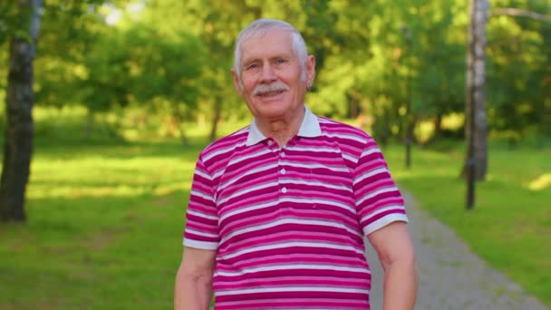 Happy mooie senior oud grijs-harige grootvader in casual rood t-shirt op zomer park achtergrond — Stockvideo