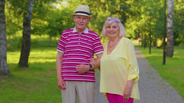 Senior stylowe emeryci para babcia dziadek spacery, ciesząc się razem w parku — Wideo stockowe