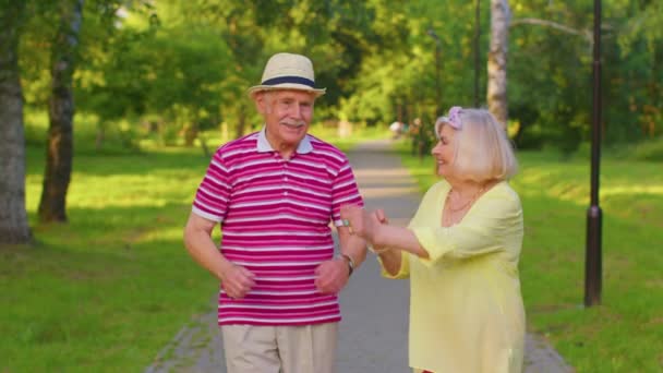 Mutlu son sınıf şık çift aile babaanne büyükbaba buluşmanın tadını çıkarıyor, yaz parkında dans ediyor. — Stok video