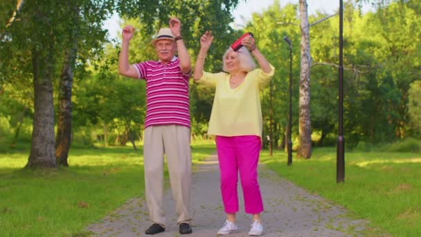 Senior stylový pár babička dědeček tanec, poslech hudby na hudební reproduktory v parku — Stock video