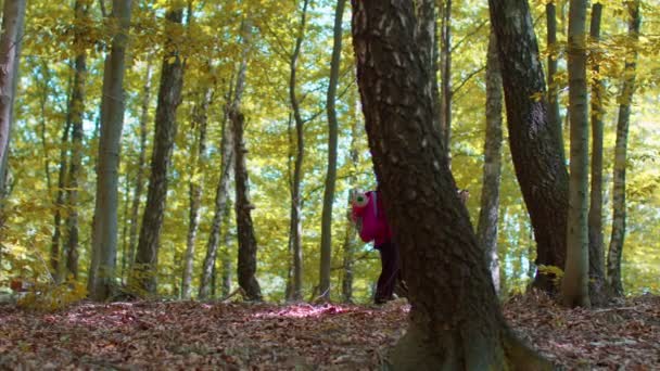 Старшие старые бабушка и дедушка туристы мужчина женщина обучение скандинавской ходьбе и говорить в лесных горах — стоковое видео