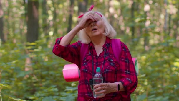 Cansado sediento viejo senderista caucásico abuela relajante, beber agua en el bosque después de caminar — Vídeo de stock