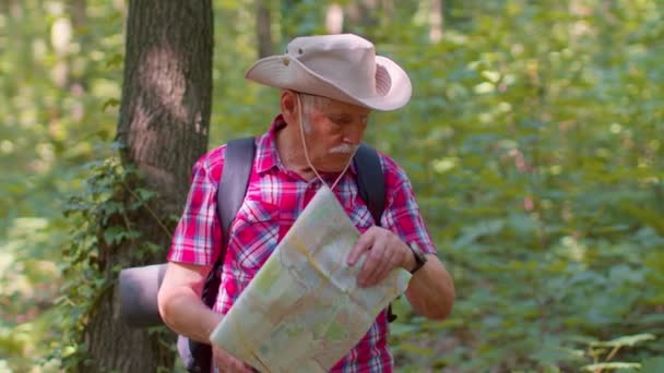 Старший старый турист дед человек потерял и глядя на карту и компас во время прогулки в лесу — стоковое видео
