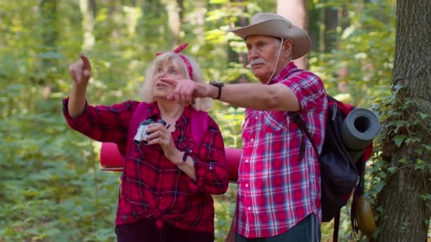 Senior gamla mormor morfar turister vandring, resa, utforska skogen med hjälp av kikare — Stockvideo