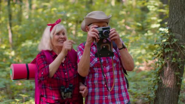 Anciana abuela abuelo turistas caminando con mochilas tomando fotos con cámara en madera — Vídeos de Stock