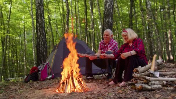 Oudere grootvader bakt worstjes boven kampvuur op de camping — Stockvideo