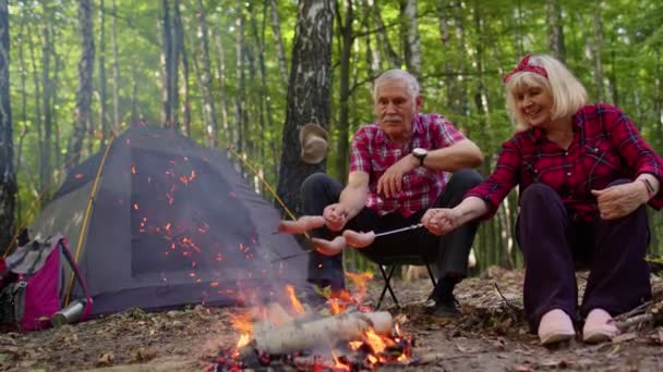 Glad senior man och kvinna talar, matlagning stekning korv över lägereld i kvällsved, camping — Stockvideo