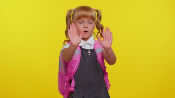 Kid school girl say no hold palm folded crossed hands in stop gesture, warning of finish, danger — Stock Video
