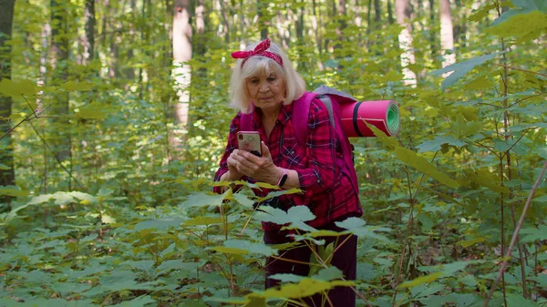 Anciana jubilada abuela aventurera explorando árboles forestales, plantas con teléfono celular móvil — Foto de Stock