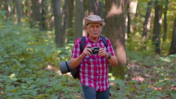 Senior man farfar på vandring resa utforska vilda djur ta bilder i skogen med retrokamera — Stockvideo