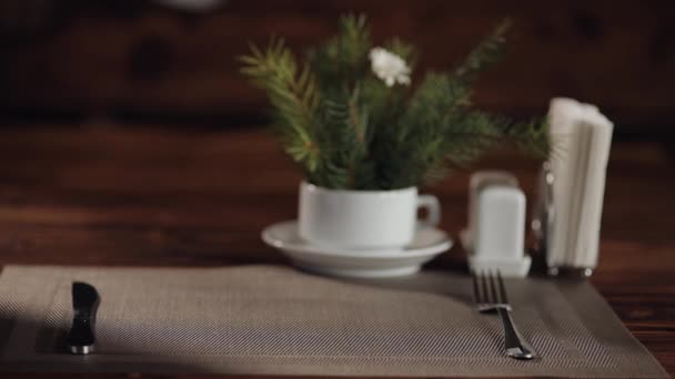 Handen van de ober zet keramische plaat met heerlijke pannenkoeken met jam op tafel in modern restaurant — Stockvideo