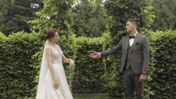 Jeunes mariés, marié caucasien avec mariée marchant, embrassant, câlins dans le parc, couple de mariage — Video