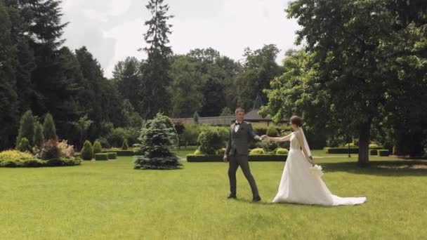 Härliga nygifta kaukasiska brud brudgum promenader i parken, hålla händer, bröllop par familj — Stockvideo