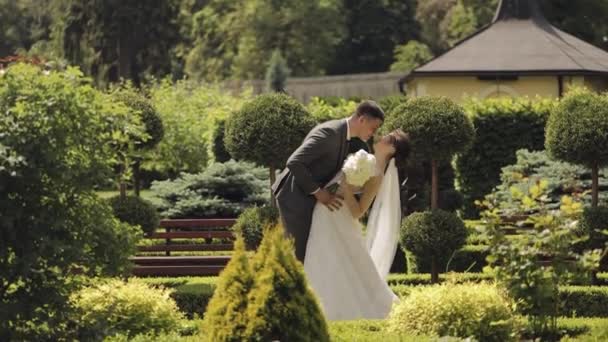 Frischvermählte, kaukasischer Bräutigam mit Braut beim Gehen, Umarmungen, Küsschen im Park, Hochzeitspaar — Stockvideo