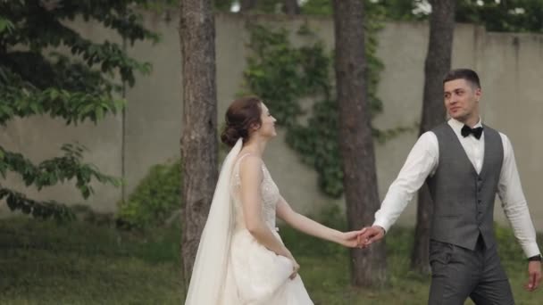 Lovely newlyweds caucasian bride groom walking in park, holding hands, wedding couple family — Stock Video