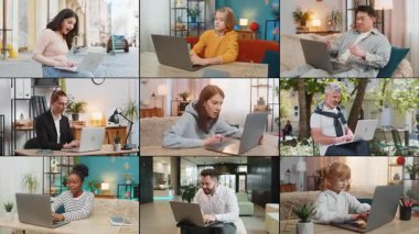 Mutlu insanların kolajı farklı cinsiyetler, farklı yaşlar, etnik kökenler. Kutlama için dizüstü bilgisayar kullanan neşeli erkek kadınlar zaferi kazandı. İyi haber haber piyango uygulaması online oyun ikramiyesi.