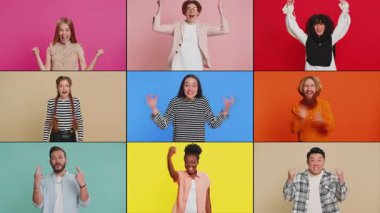 Mutlu, heyecanlı grup insanları erkekler çeşitli cinsiyetleri resmediyor, farklı yaşlar zaferi kutluyor neşeli bir gülümsemeyle kazanıyorlar güzel haberler alıyorlar piyango oyunu kazanıyorlar