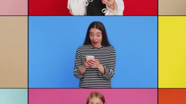 Gülümseyen mutlu insanların kolajı çeşitli cinsiyetleri, farklı yaşları, etnik kökenleri resmediyor. Erkekler cep telefonuyla kutlama yapıyorlar. İyi haber piyango oyunu kazandılar. Renkli arka planda büyük ikramiye.