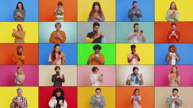 Gülümseyen mutlu insanların kolajı çeşitli cinsiyetleri, farklı yaşları, etnik kökenleri resmediyor. Erkekler cep telefonuyla kutlama yapıyorlar. İyi haber piyango oyunu kazandılar. Renkli arka planda büyük ikramiye.