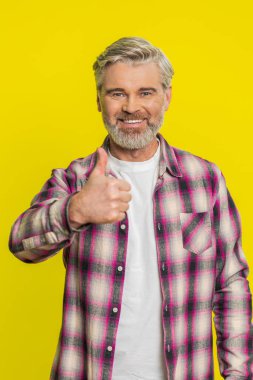 Gibi. Beyaz adam bir şeyi onaylıyor ya da olumlu cevap veriyor. Reklamlar başarıyı kutlayan iyi bir geri bildirim gibi. Sarı arka planda izole adam