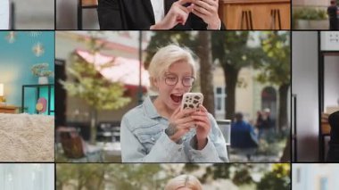 Farklı cinsiyetlerden, farklı yaşlardan, etnik kökenlerden oluşan mutlu ve heyecanlı bir grup kolajı. Erkekler cep telefonlarını zaferi kutlamak için kullanır İyi haber piyango piyango uygulaması oyunu