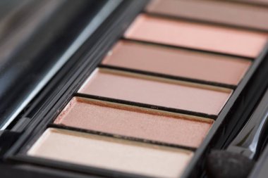 Makyaj rengi göz farı paleti, fırçalar yakın plan..