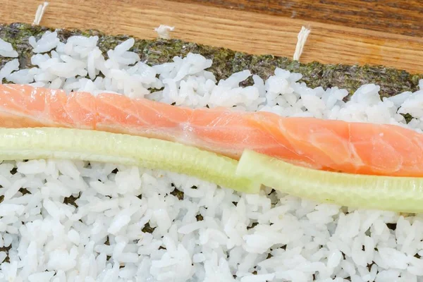 Sushi Roll Owoce Morza Ryż Ryba Smaczny Imbir — Zdjęcie stockowe