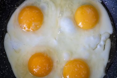 Yumurta kızartması kahvaltı hazırlıyor. Pişmiş yumurta sarısı