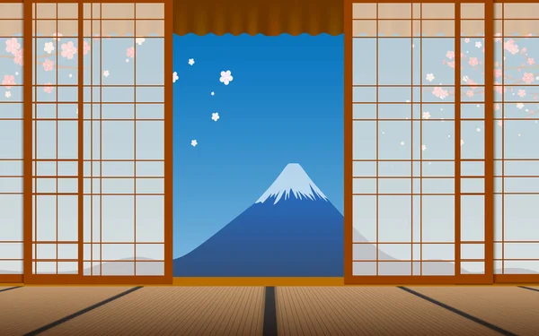 Rumah Kayu Dalam Ruangan Dengan Latar Belakang Fuji Pegunungan Jepang - Stok Vektor
